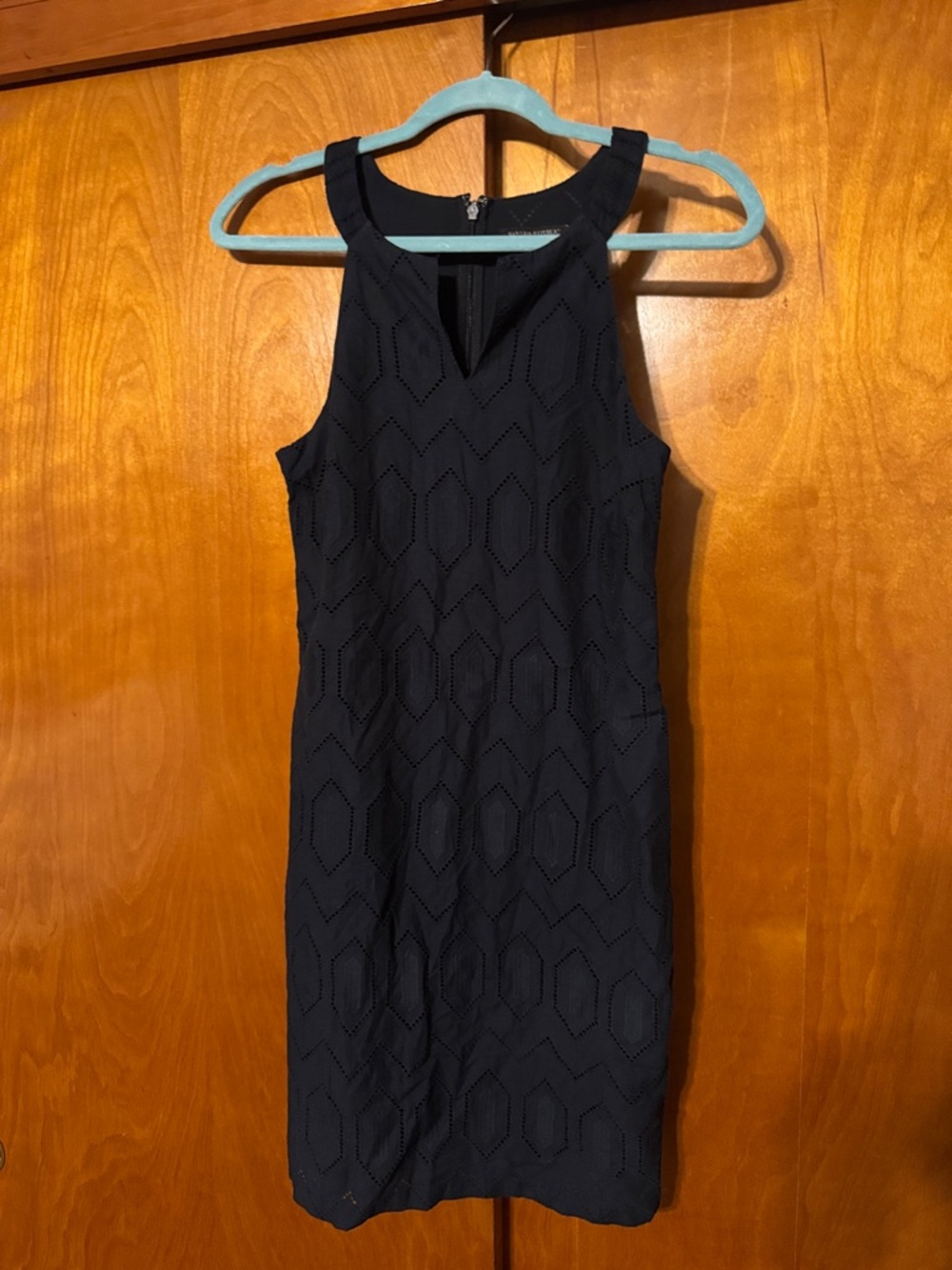 Banana Republic Black Sleeveless Mini Dress with Eyelet Geometric Pattern